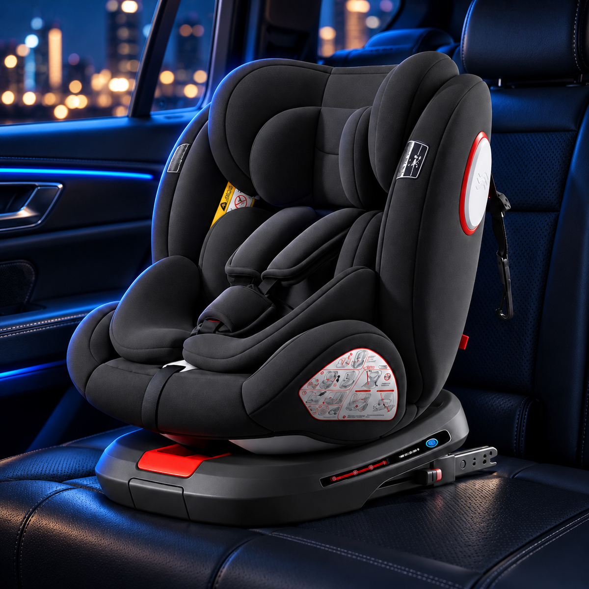Siège auto pivotant noir — présentation dans un habitacle bleu nuit