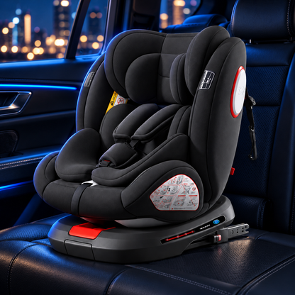 Siège auto pivotant noir — présentation dans un habitacle bleu nuit